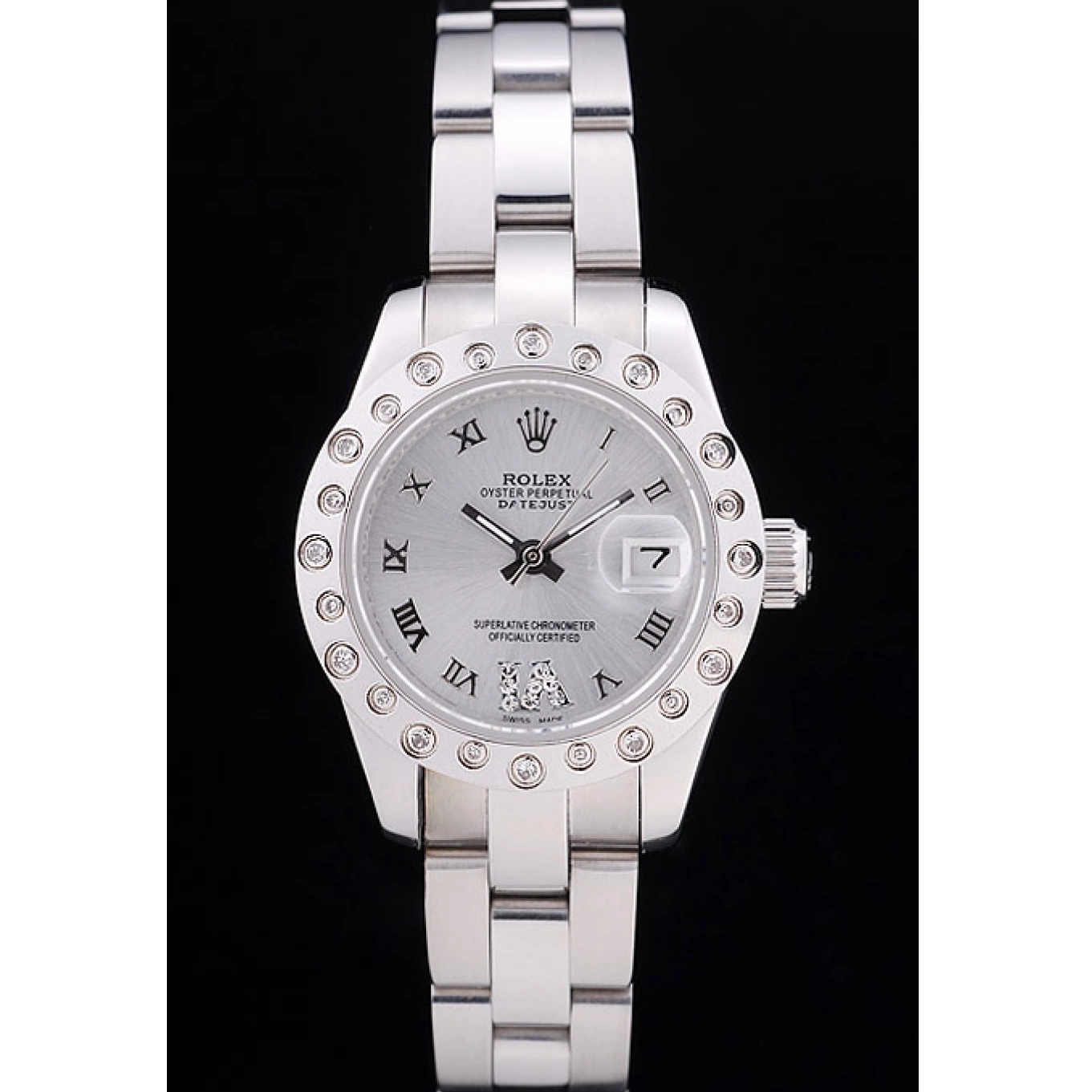Aaa replica watch 7474 Dial Datejust Silver Bezel Diamonds Silver Polished Rolex 0620